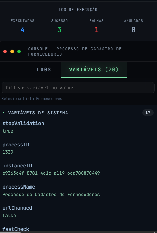 Console do debug na aba Variáveis, com filtro e gaveta de variáveis de sistema