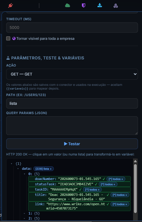 Resposta do teste com valores clicáveis para virar variável