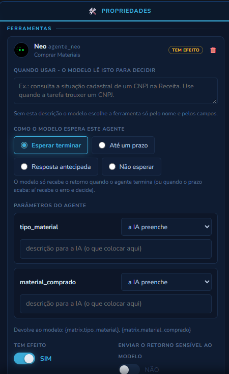 Bloco de um agente como ferramenta: Neo, nome para o modelo agente_neo, marca TEM EFEITO e lixeira; Quando usar vazio; Como o modelo espera este agente em Esperar terminar; os parâmetros tipo_material e material_comprado em a IA preenche; a linha Devolve ao modelo; as chaves Tem efeito ligada e Enviar o retorno sensível ao modelo desligada