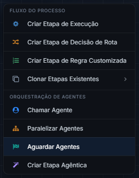 Menu do + do fluxo com Aguardar Agentes em destaque no grupo Orquestração de Agentes