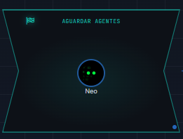 Card da etapa Aguardar Agentes no fluxo, com os lados côncavos, a bandeira de chegada e o avatar do Neo, o agente aguardado