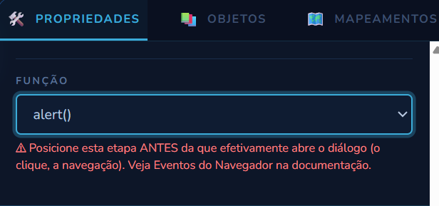 Campo Função com alert() selecionado, sem nenhum campo adicional