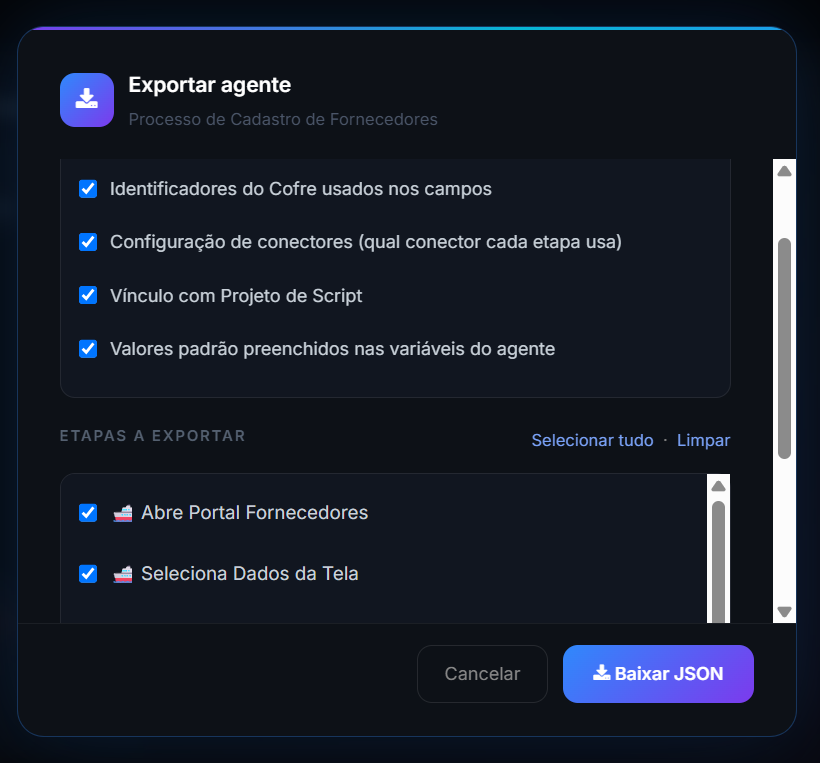 Modal de exportar agente