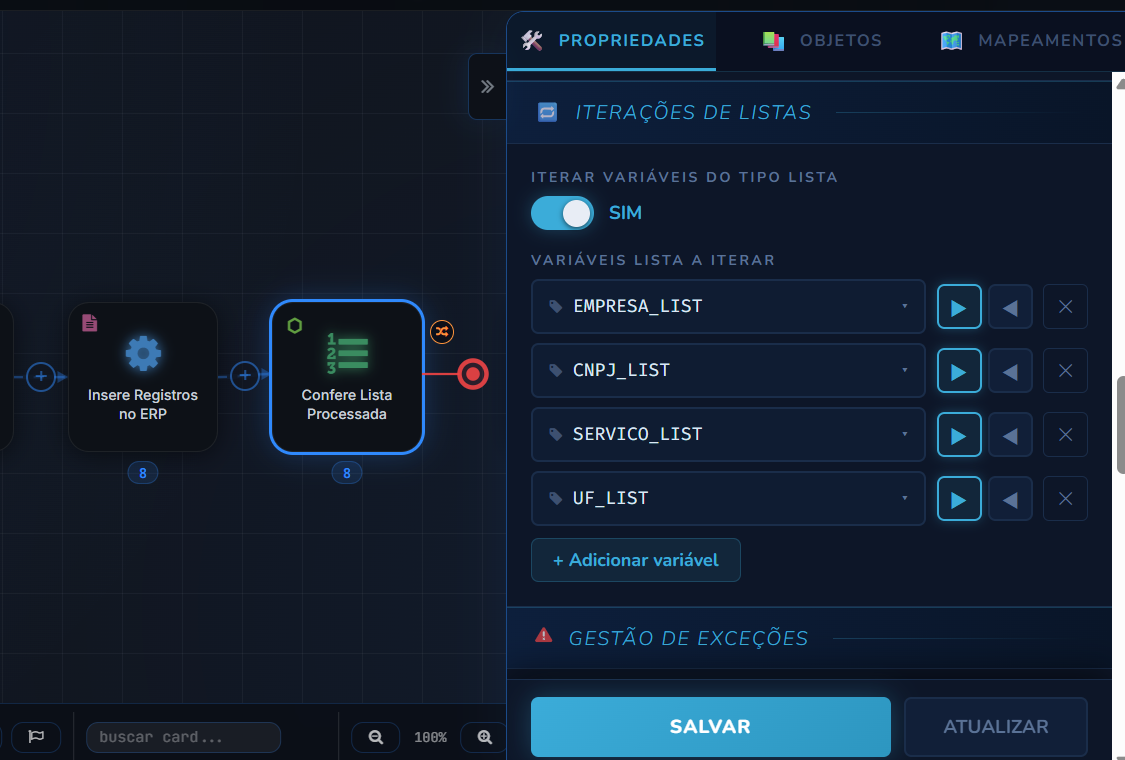 Painel Iterações de Listas com as variáveis EMPRESA_LIST, CNPJ_LIST, SERVICO_LIST e UF_LIST configuradas na mesma etapa