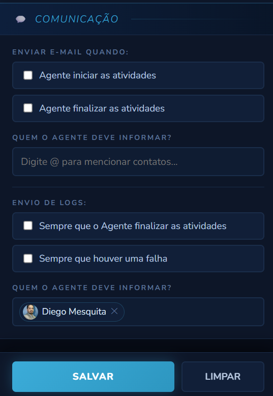 Painel Comunicação das Configurações Gerais