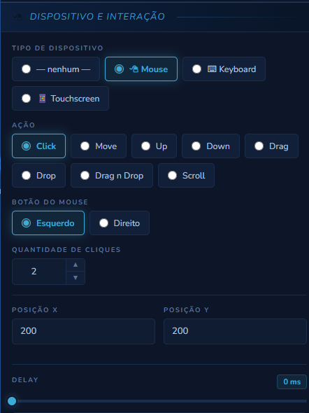 Painel Dispositivo e Interação de uma etapa Navegar