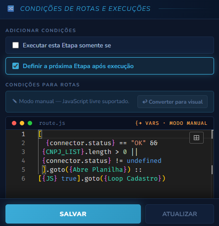 Modo manual das Condições para Rotas, com o script route.js