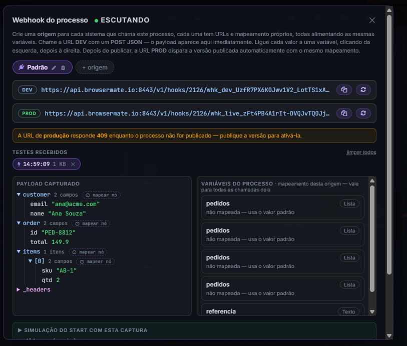 Payload capturado à esquerda e variáveis do processo à direita